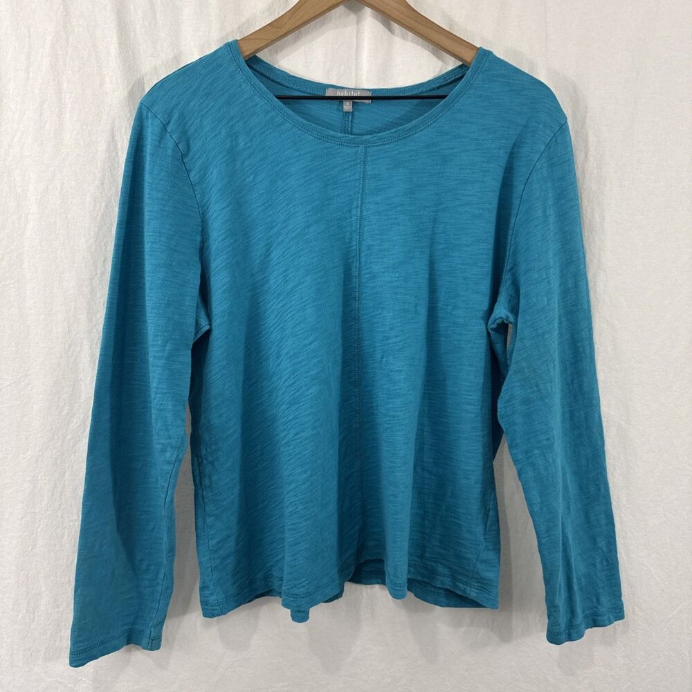 Habitat Cotton Pebble Long Sleeve Coverstitch Tee Teal Blue Womens XL Lagenlook